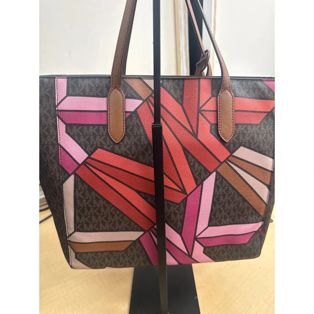 Michael Kors Geometric Monogram Tote Bag Pink Red Brown Signature MK Logo